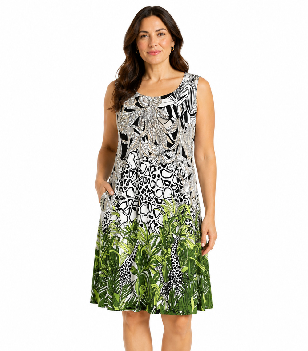 Chicos Easy Wear Floral Jersey Knit Sleeveless Stretch Green Tropical Dress 2/ L